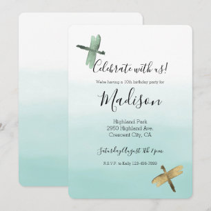 Invitation Libellules ombrées aquarelle vert d'eau et or