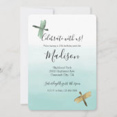 Invitation Libellules ombrées aquarelle vert d'eau et or (Devant)