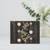Invitation Libellules Steampunk sur fond brun rayé (Debout devant)