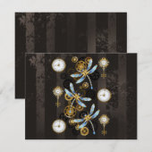 Invitation Libellules Steampunk sur fond brun rayé (Devant / Derrière)