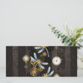 Invitation Libellules Steampunk sur fond rayé marron (Debout devant)