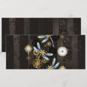 Invitation Libellules Steampunk sur fond rayé marron (Devant / Derrière)