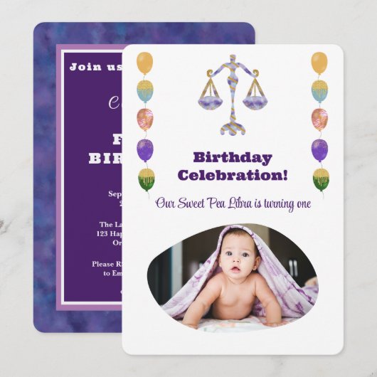 Invitation Libra 1st Birthday Photo Impressionist Gold (Devant / Derrière)