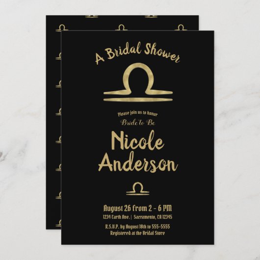 Invitation LIBRA Gold Zodiac Astrologie Automne Fête des mari (Devant / Derrière)