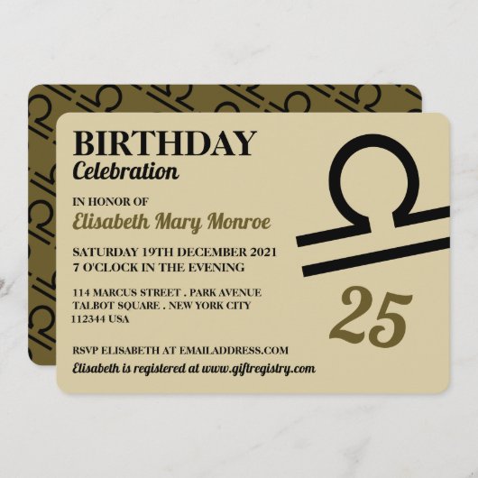 Invitation Libra, Les Balances, Panneau Zodiac Star, Annivers (Devant / Derrière)