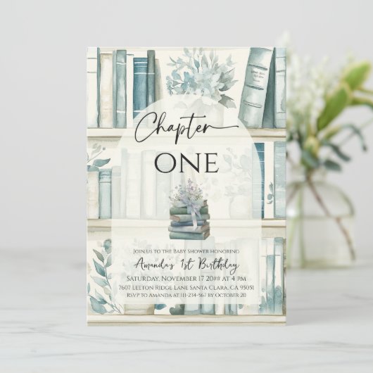 Invitation Library Chapter ONE Blue Boy Book 1st Birthday (Debout devant)