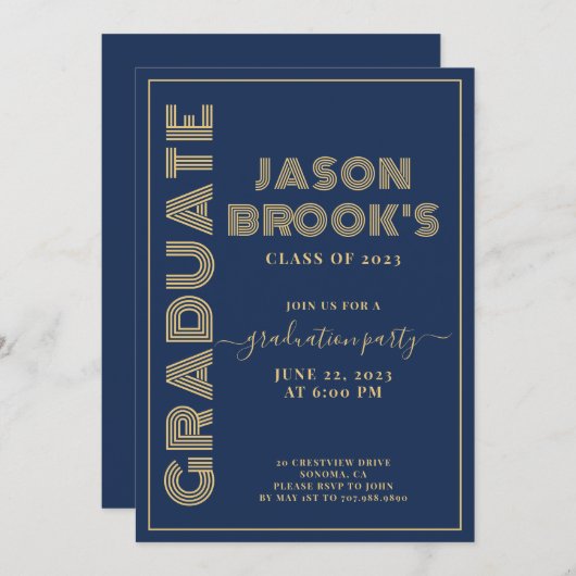 Invitation Licence en or bleu marine (Devant / Derrière)