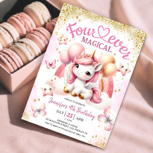 Invitation Licorne 4e Anniversaire Fille Rose Or Arc-en-ciel