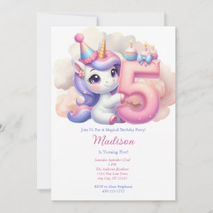 Invitation Licorne 5ème Cinquième Rose Bleu Violet Fille Anni