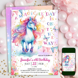 Invitation Licorne 6ème Anniversaire Fée Florale Arc-en-ciel