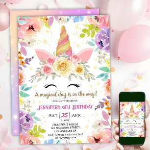 Invitation Licorne 6ème Anniversaire Floral Coloré Arc-en-cie