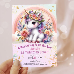 Invitation Licorne 8e Anniversaire Fille Rose Floral Arc-en-c
