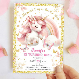 Invitation Licorne 9e Anniversaire Fille Rose Pâle & Or
