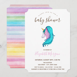 Invitation Licorne à l'aquarelle Fête de bébé rayée