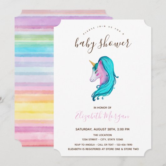 Invitation Licorne à l'aquarelle Fête de bébé rayée (Devant / Derrière)