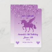 Invitation Licorne à paillettes qui dégoulinent violettes (Devant / Derrière)