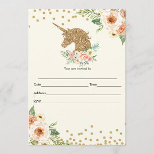 Invitation Licorne à remplir Paillettes Or Abricot