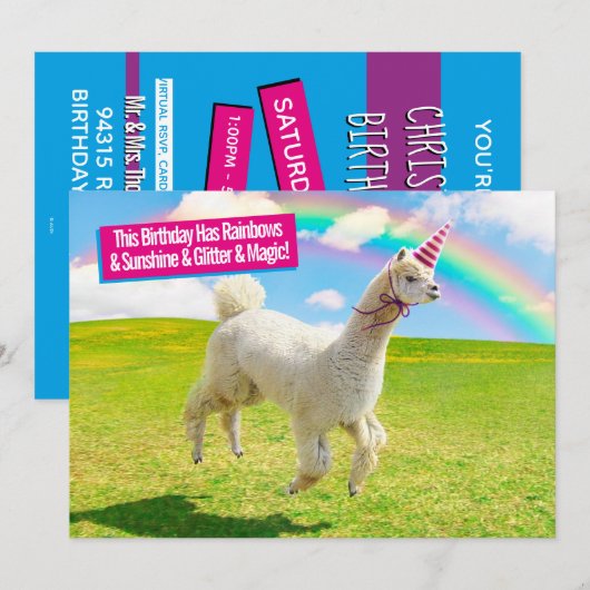 Invitation Licorne Alpaga Sous le Ciel Arc-en-Ciel (Devant / Derrière)