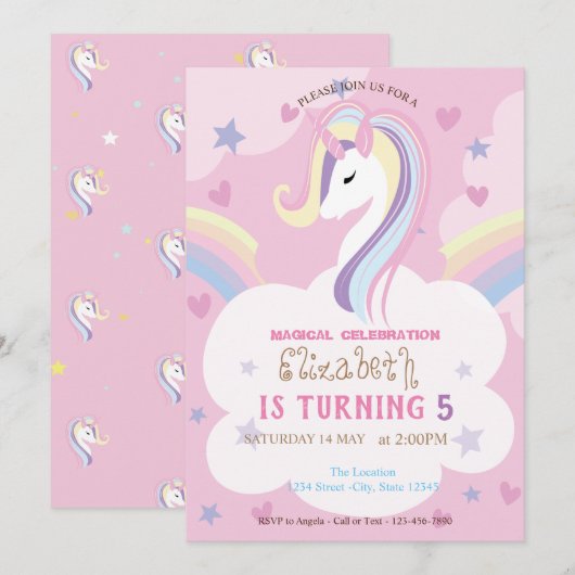 Invitation Licorne Arc-en-ciel Anniversaire (Devant / Derrière)