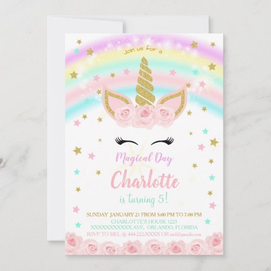Invitation Licorne Arc-en-ciel avec Fleurs Roses (Devant)