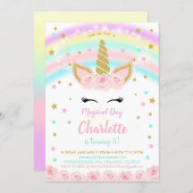Invitation Licorne Arc-en-Ciel avec Fleurs Roses