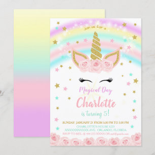 Invitation Licorne Arc-en-Ciel Avec Fleurs Roses