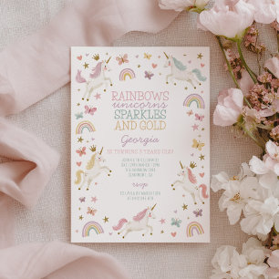 Invitation Licorne Arc-en-ciel Étincelle Or Filles 3ème Anniv