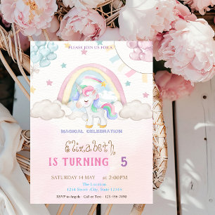 Invitation Licorne Arc-en-ciel Étoiles Cœurs Ballons Annivers