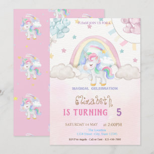 Invitation Licorne Arc-en-ciel Étoiles Cœurs Ballons Annivers