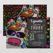 Invitation Licorne Arc-en-Ciel Magique Paillettes Anniversair (Devant / Derrière)
