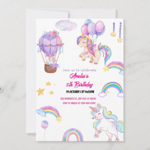 Invitation Licorne Arc-en-Ciel Mignonne Fête Rose pour Fille 