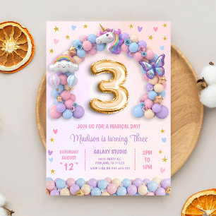 Invitation Licorne Arc-en-ciel Pastel 3e Anniversaire