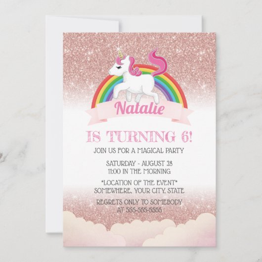 Invitation Licorne & Arc-en-ciel Rose Gold Fête d'anniversair (Devant)