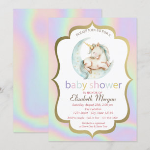 Invitation Licorne, Baby Shower holographique Lune