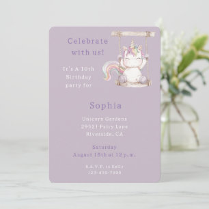 Invitation Licorne Blanche Violette Balançoire Anniversaire