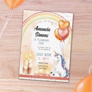 Invitation Licorne Bougie Arc-en-ciel Cœur Fille 10ème Annive