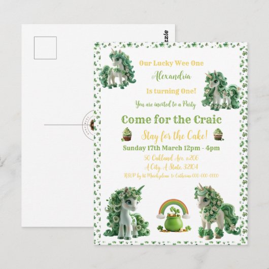Invitation Licorne Chanceuse de la Saint-Patrick  (Devant / Derrière)