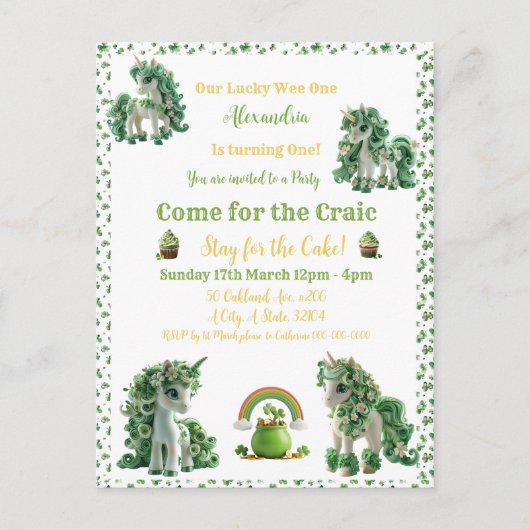 Invitation Licorne Chanceuse St Patrick  (Devant)