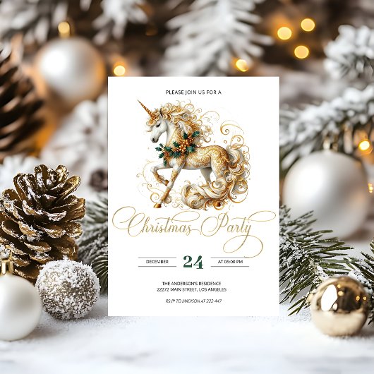 Invitation Licorne de Noël élégante blanche et or