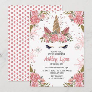 Invitation Licorne d'hiver 1er Anniversaire Rose Pâle