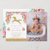 Invitation Licorne d'or de rose d'invitation d'anniversaire (Devant / Derrière)