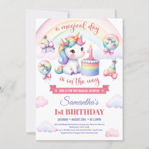 Invitation Licorne Douce Aquarelle Fille Rose 1er Anniversair