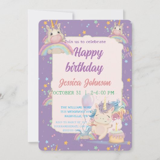 Invitation Licorne drôle d'anniversaire (Devant)