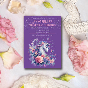 Invitation Licorne Élégante Anniversaire Fille Rose Violet