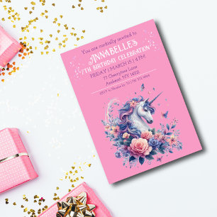 Invitation Licorne Élégante Anniversaire Fille Rose Violet Jo
