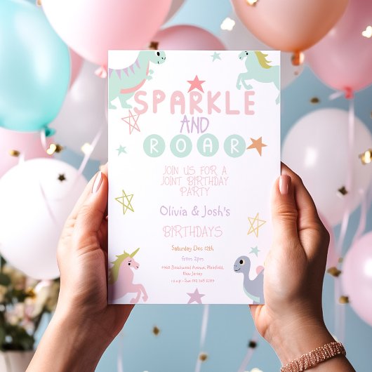 Invitation Licorne et dinosaure Sparkle and Roar 