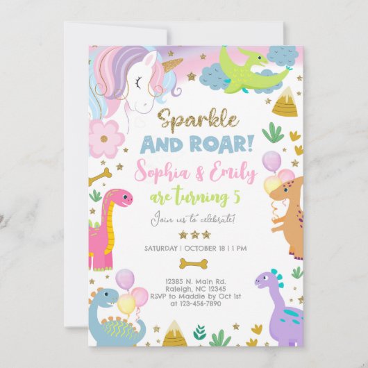 Invitation licorne et dinosaures pour frères et sœ (Devant)