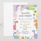 Invitation licorne et dinosaures pour frères et sœ (Devant / Derrière)