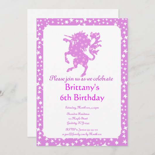Invitation Licorne étoilée (Devant / Derrière)