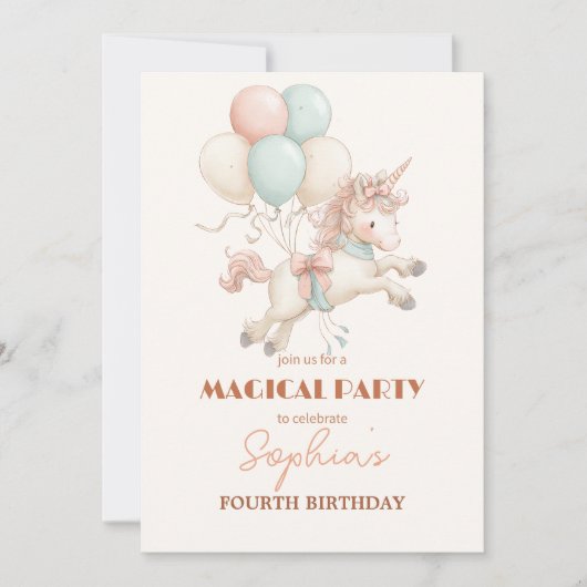 Invitation Licorne Fantaisiste et Fête de Ballons (Devant)